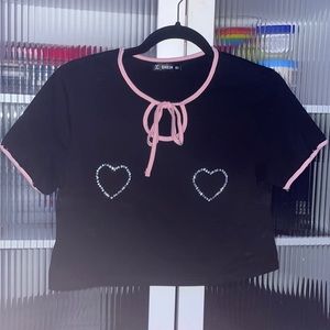 Rhinestone Heart Chest Detail Cut-out Crop Top